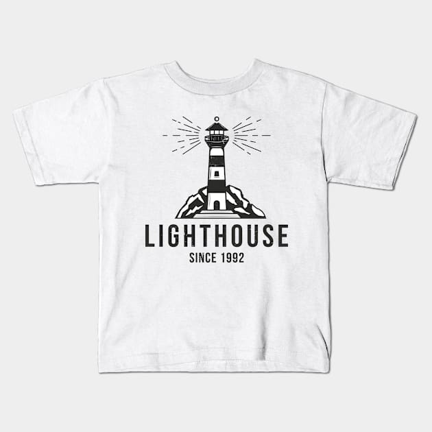 Lighthouse vintage textured logo. Trendy t-shirt design. Kids T-Shirt by DenysHolovatiuk